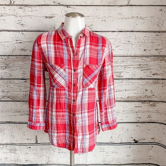Red plaid Seven7 button down top - Picture 1 of 6